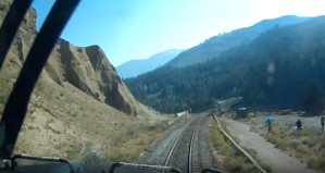 A railway track runs though the mountains outside Lytton, BC.