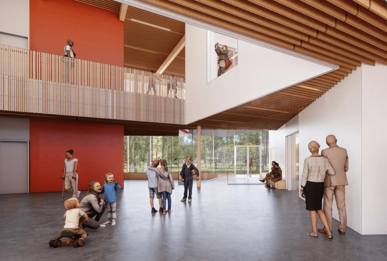 A digital image of people standing in a lobby.