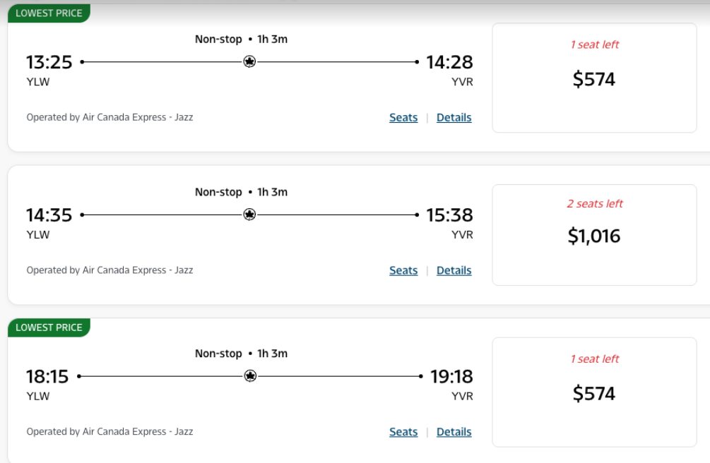 Screenshot of flight costs.