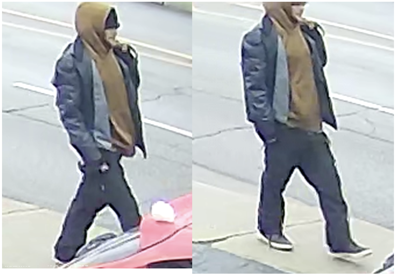 Images of a man walking on a sidewalk.