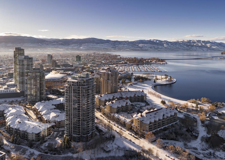 An aerial photo of Kelowna in winter.