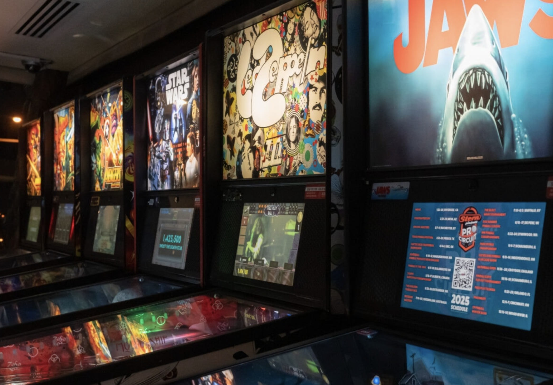 A Jaws, Led Zeppelin and more pinball machines.
