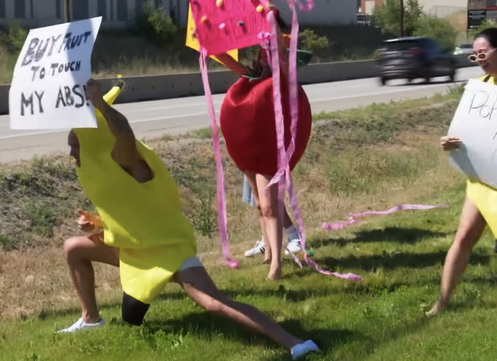 People holding signs in fruit costumes.