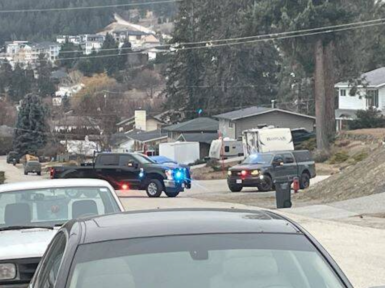 Police vehicles parked on a street with emergency light on.