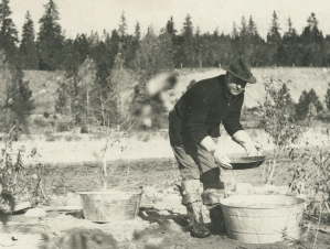A man hunched over a bucket panning for gold.