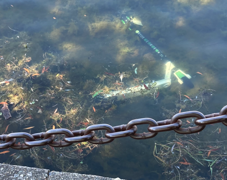 A rentable e-scooter is seen underwater in a lake.