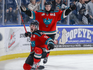 Two hockey players celebrate a goal.