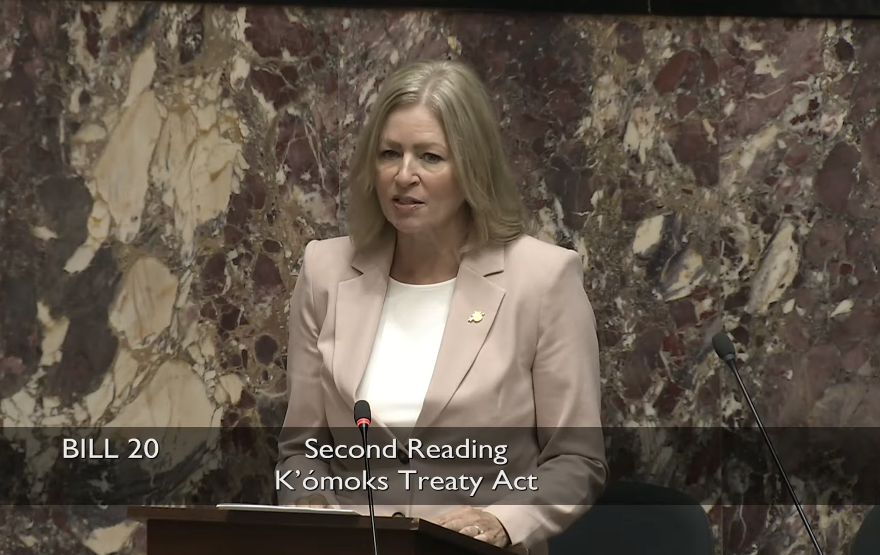 A woman delivers a speech in the BC legislature.