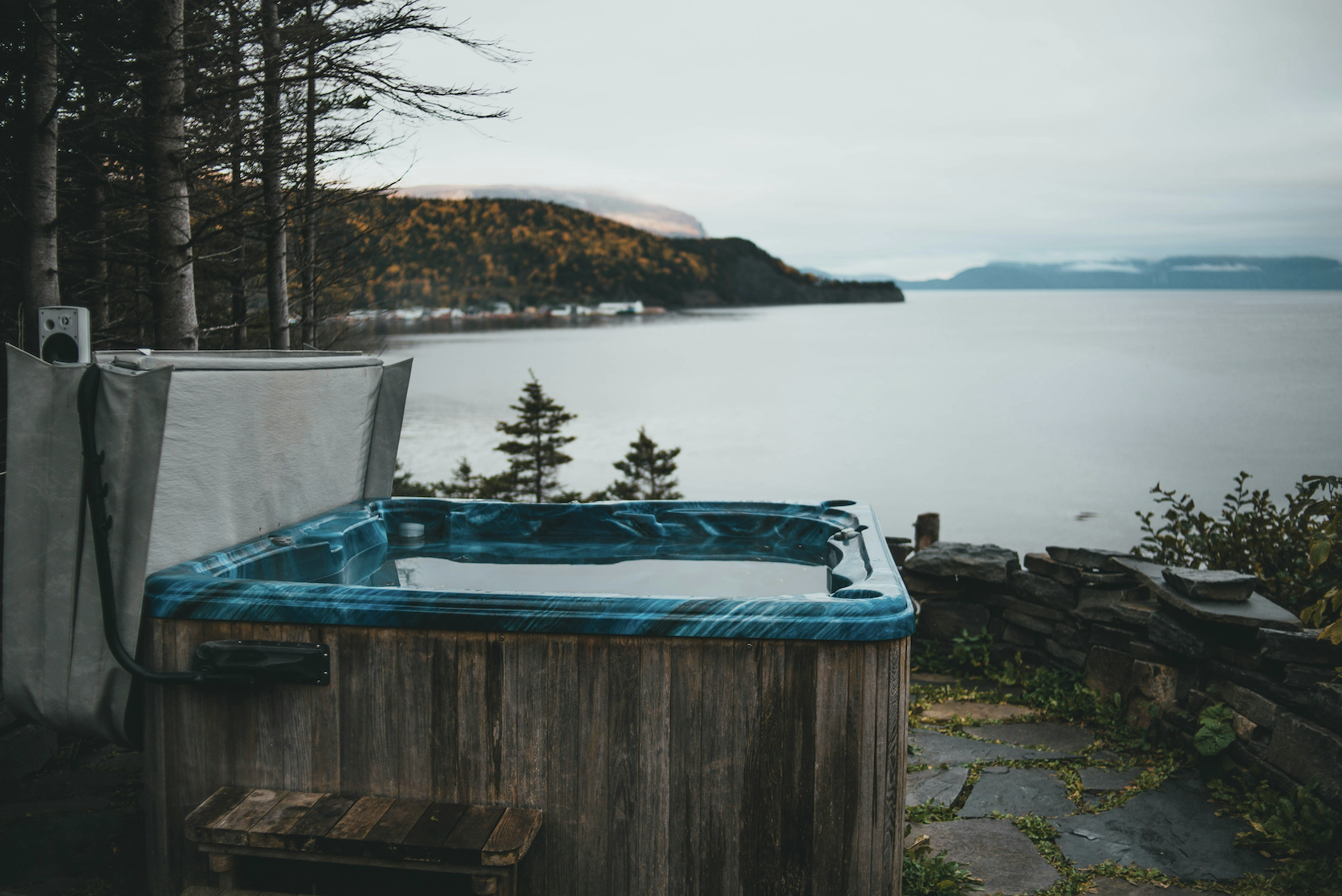 A hot tub in a scenic location.