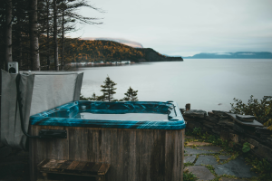 A hot tub in a scenic location.