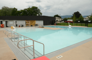 A swimming pool on a grey day.