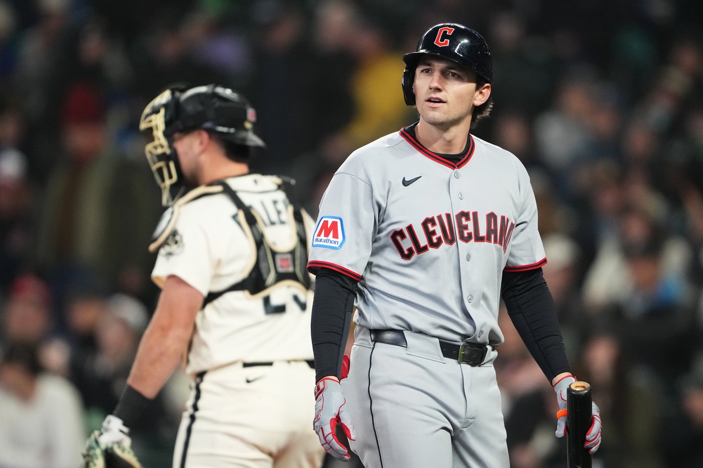 Guardians rookie Chase DeLauter hobbles off after fouling an Ohtani pitch off his foot | iNFOnews.ca Guardians rookie Chase DeLauter hobbles off after fouling an Ohtani pitch off his foot | iNFOnews.ca