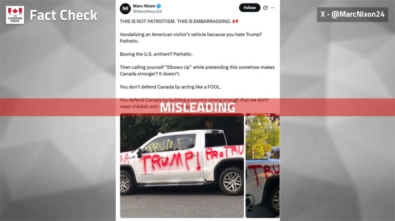 Fact File: Misleading claim links vandalism of U.S. visitor's truck to recent tension | iNFOnews.ca