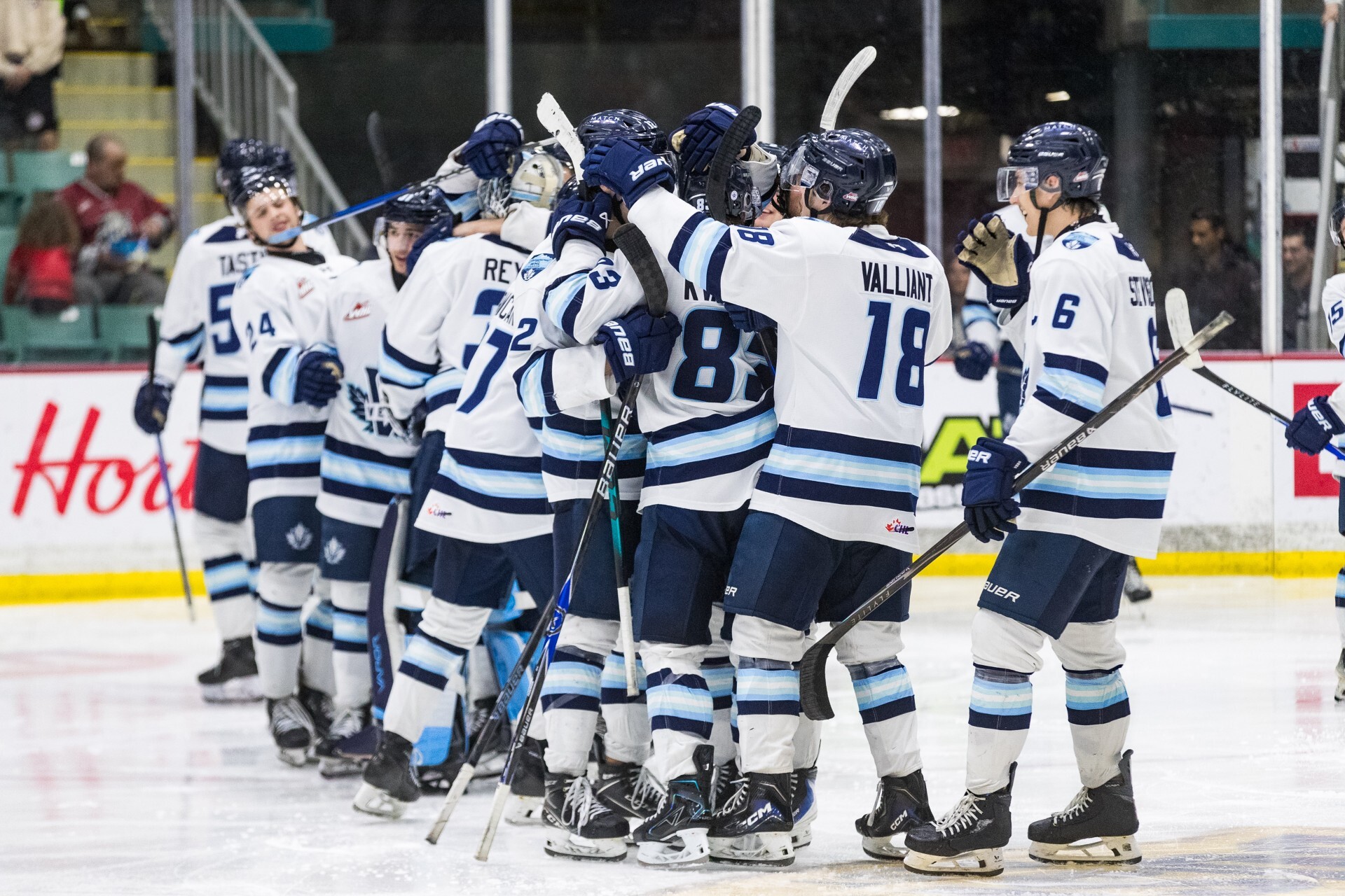 Hockey players celebrating a win.