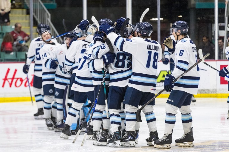 Hockey players celebrating a win.