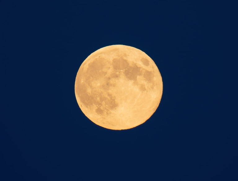 Second supermoon of year this week in Okanagan, Kamloops | iNFOnews.ca A perfectly round full moon with an orange tint is surrounded by a dark blue sky.