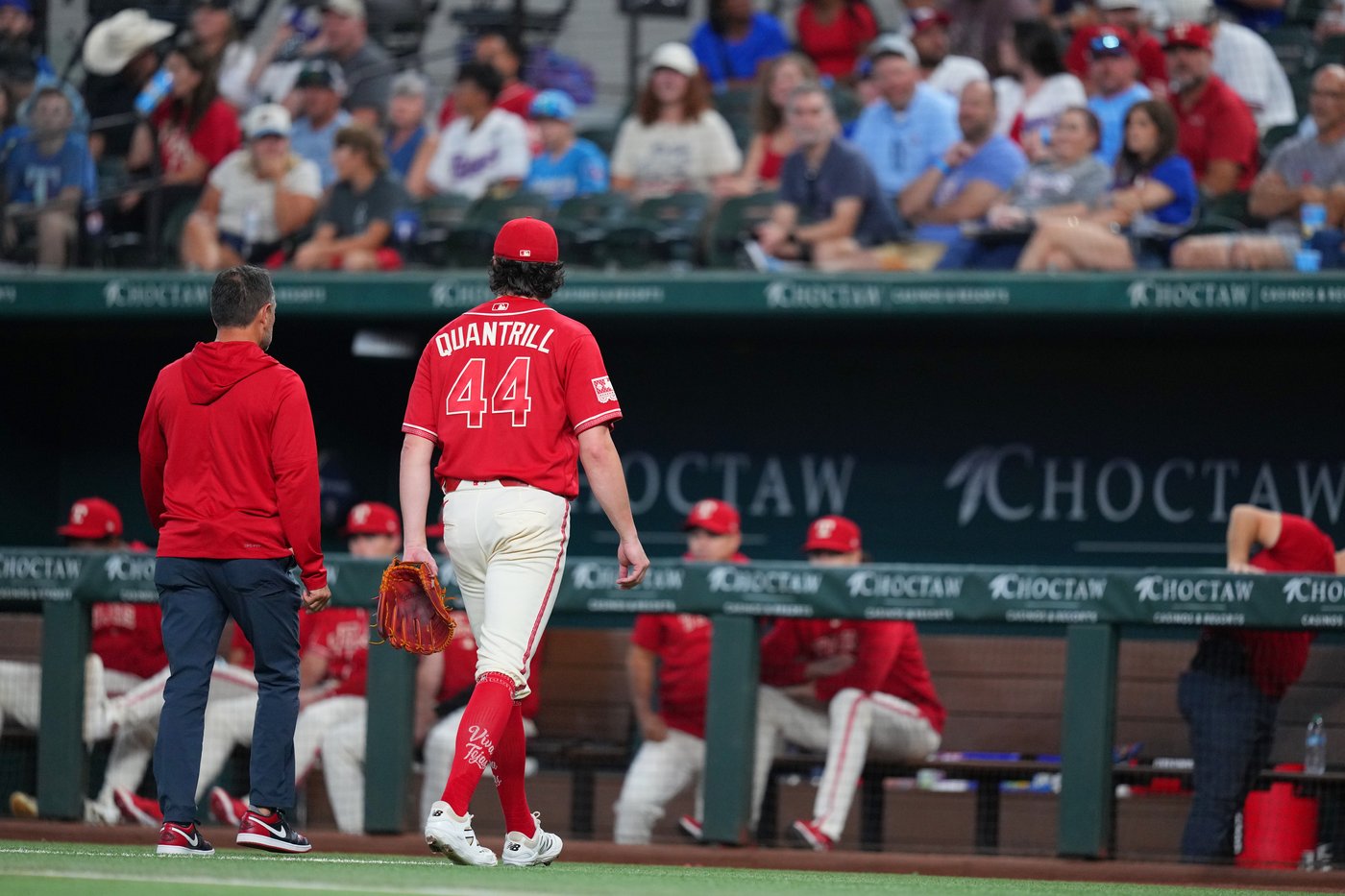 Rangers starter Cal Quantrill leaves after throwing 12 pitches because of right lat tightness | iNFOnews.ca Rangers starter Cal Quantrill leaves after throwing 12 pitches because of right lat tightness | iNFOnews.ca