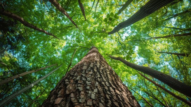 The trunk of a giant tree is pictured with a full green canopy at the top.