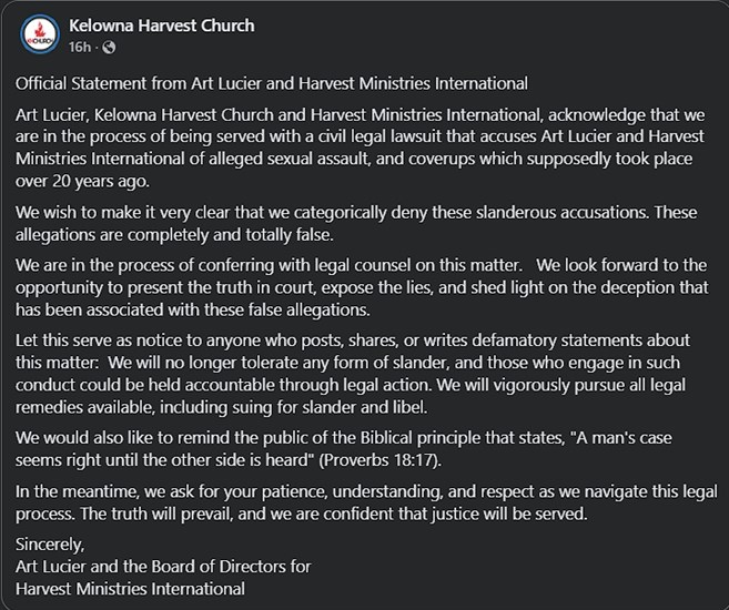 A screenshot of a statement to social media by Kelowna Harvest Church.