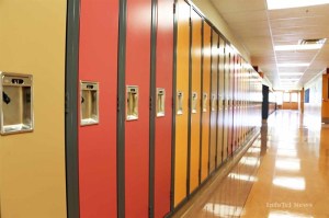 Lockers in a school hallway.