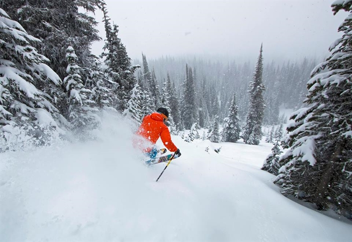 Someone skiing down a mountain in a bright orange coat.