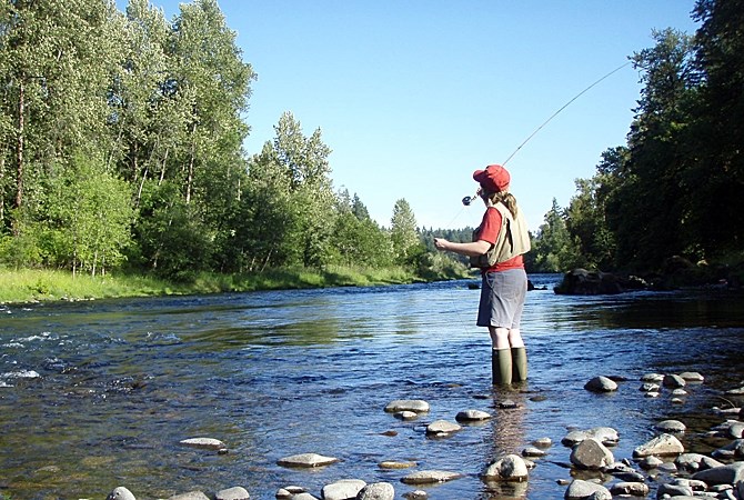 Someone standing in a river fishing.