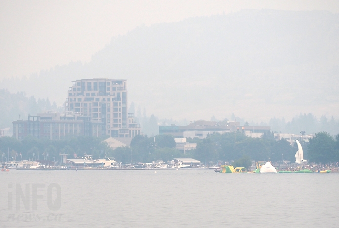 The Kelowna skyline with lots of wildfire smoke in the air.