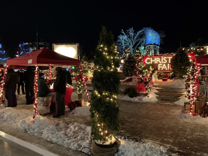 An outdoor Christmas movie set.