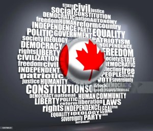 Word cloud with words related to politics, government, parliamentary democracy and political life. Flag of the Canada. 3D rendering