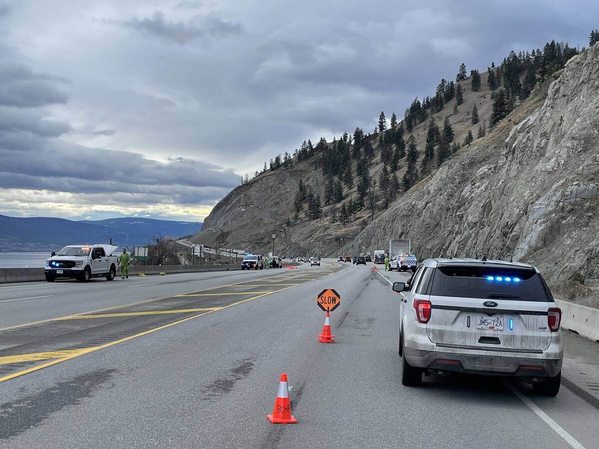 RCMP and CVSE vehicles on Highway 97 near Summerland.