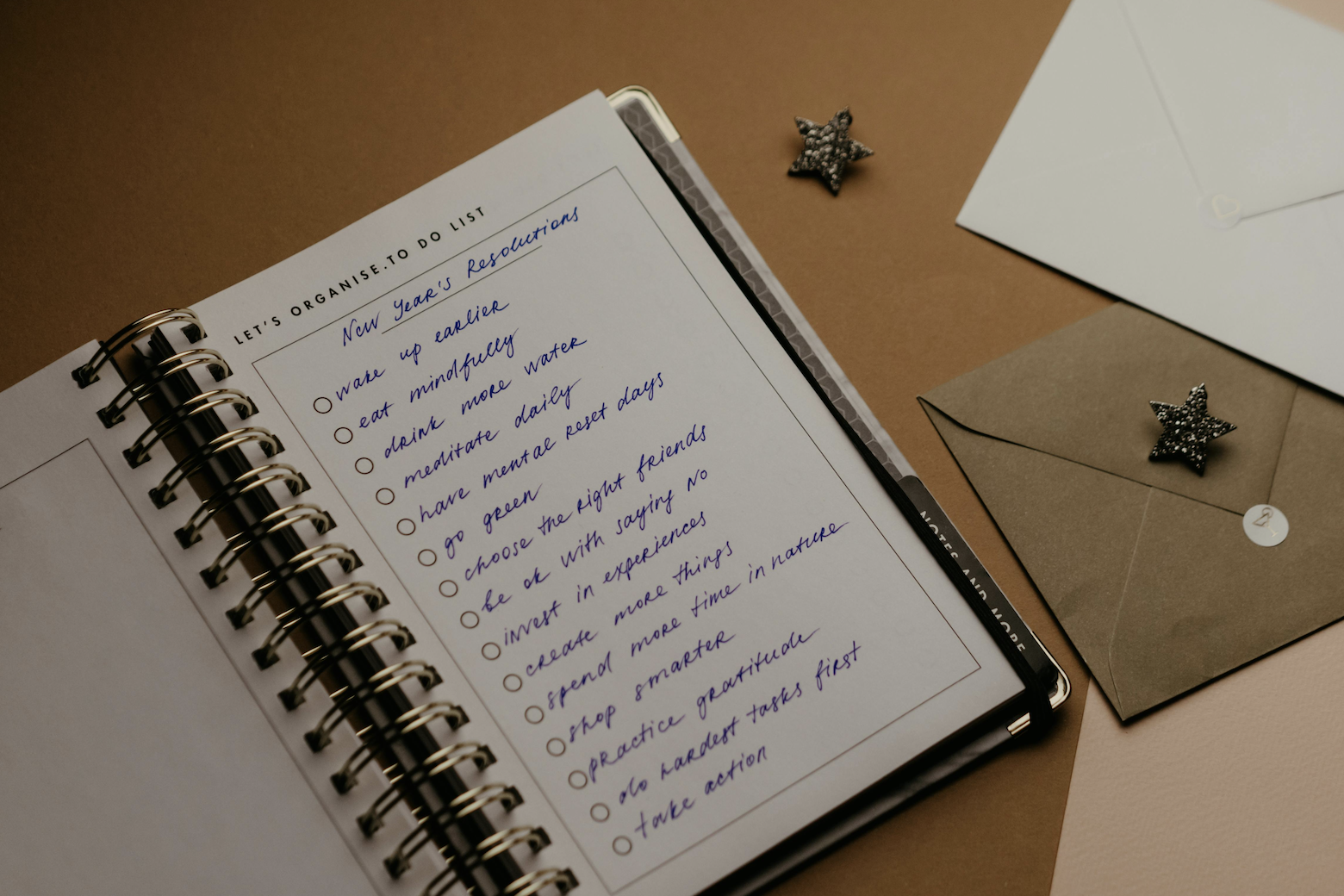 A journal open to a list of New Year's resolutions.