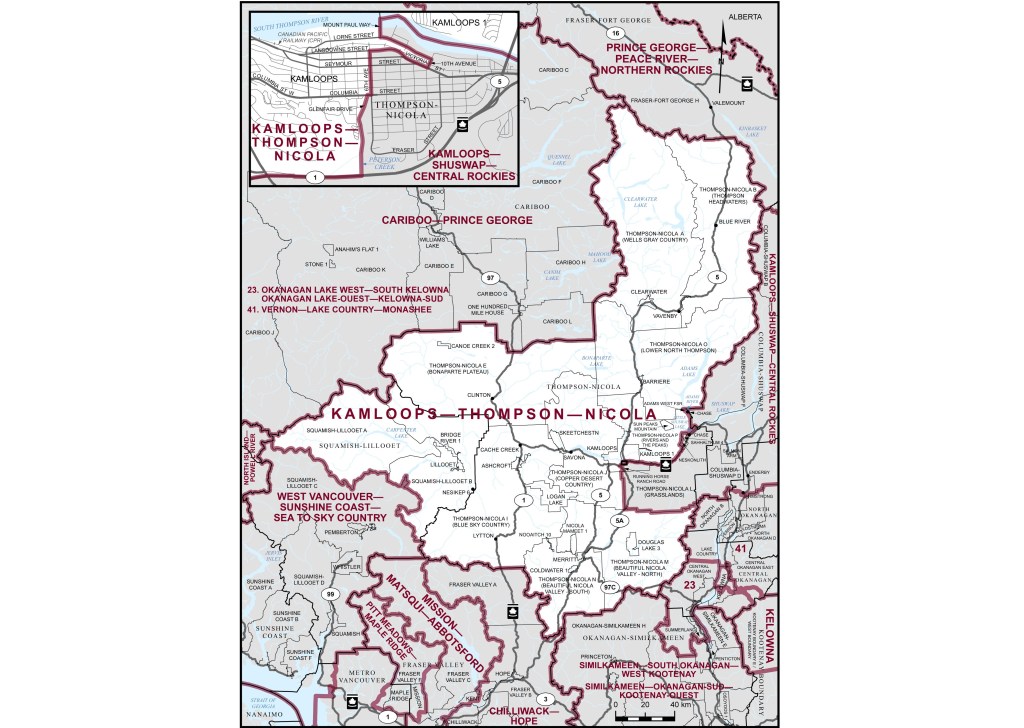 A map of the Kamloops-Thompson-Nicola electoral riding.