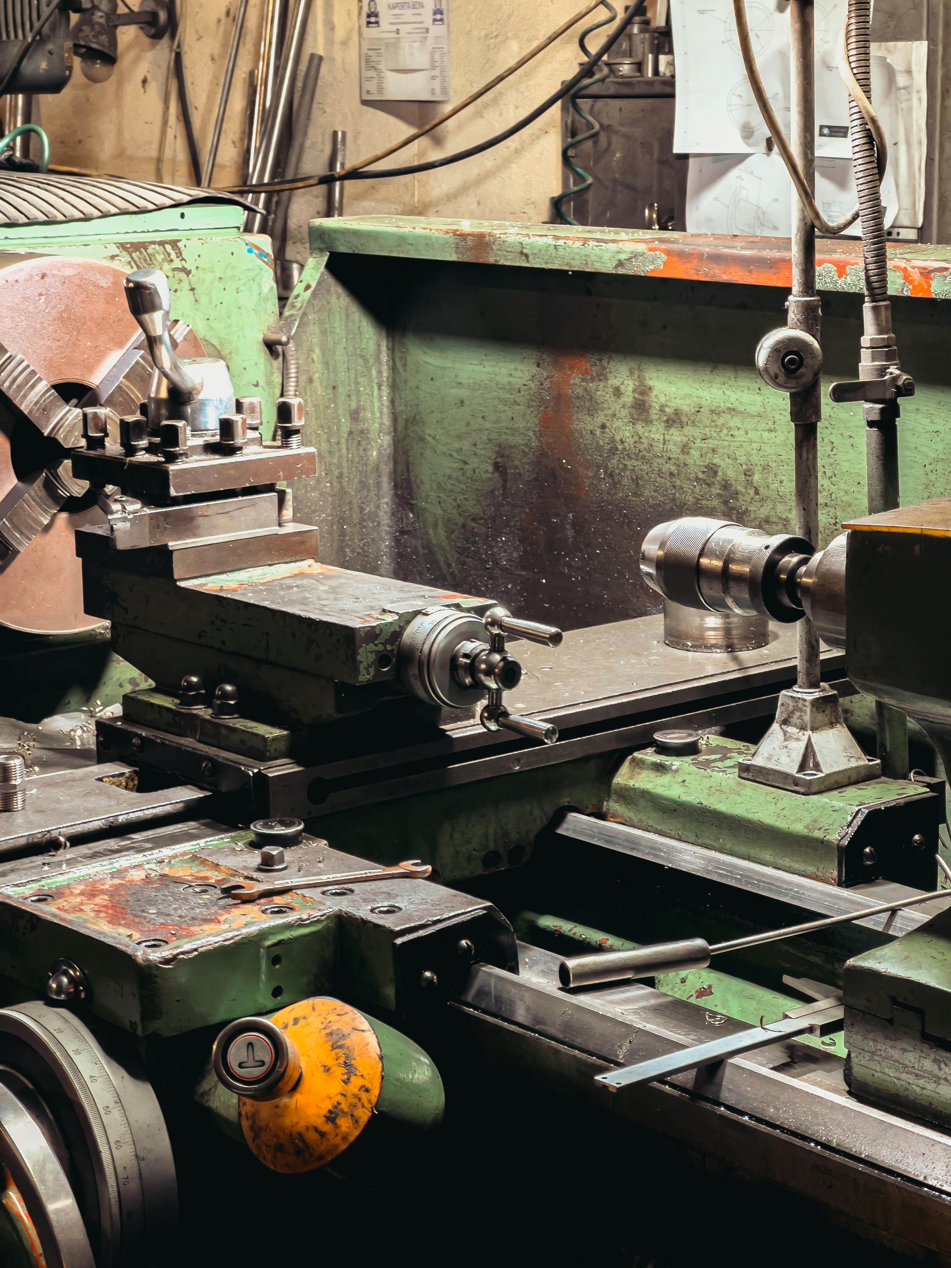 A lathe in a metalwork shop.