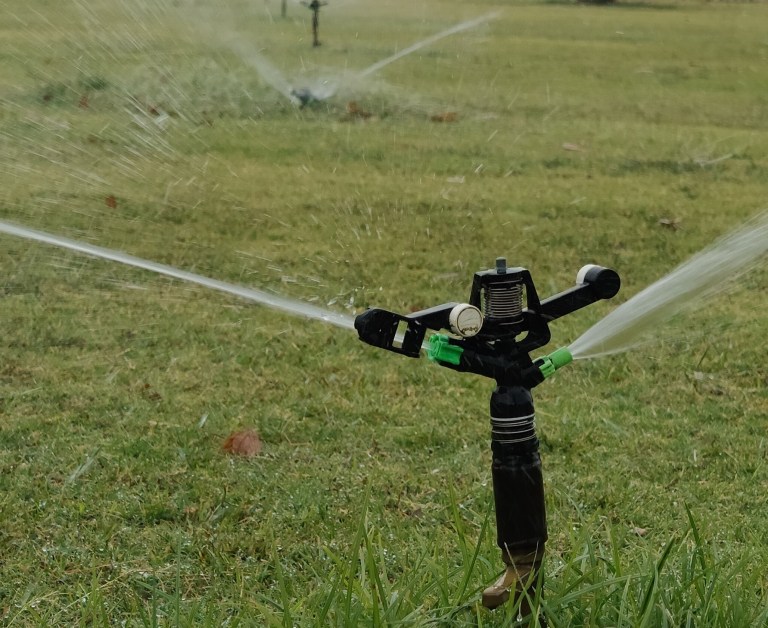 A sprinkler sprays water on grass.