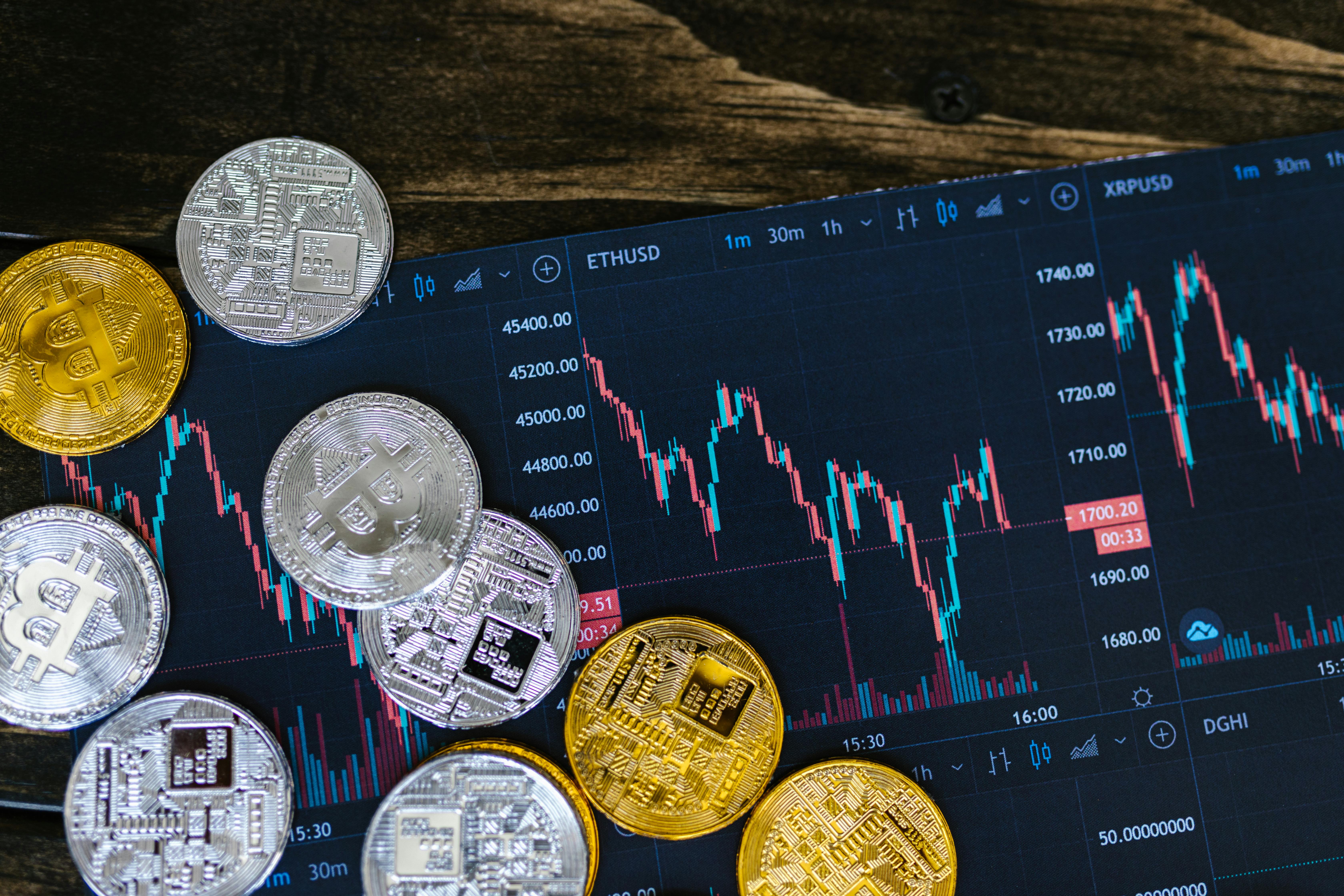 Bitcoins and a graph on a computer screen.