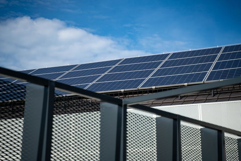 Solar panels on a building's rooftop.