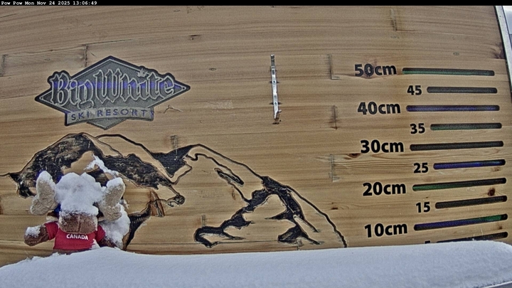 A snow measurement board showing less than 10 cm of snow.