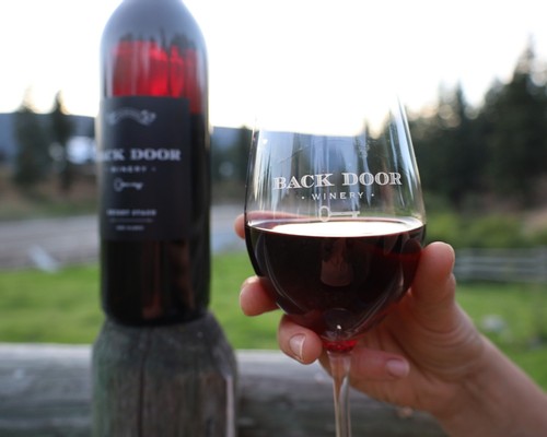 A glass of red wine is held up with a bottle and outdoor view in the background.